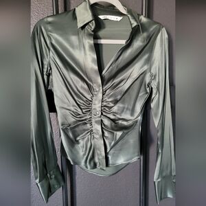 Zara Satin Ruched Blouse in Deep Green